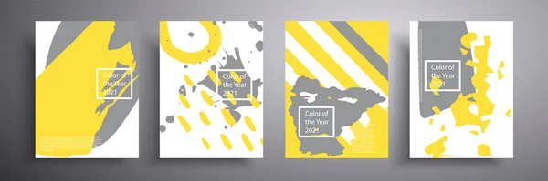 Bannière abstraite, un ensemble de quatre illustrations créatives minimalistes en gris et jaune. Couleurs tendance de 2021. Fond vectoriel pour cartes, couvertures, invitations. — Image vectorielle