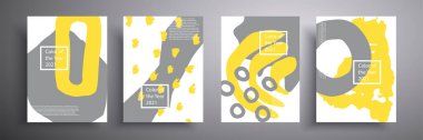 Moda rengi 2021 olan geometrik şekillerin soyut bileşimine sahip minimalist posterler. Gri ve sarı. Kapak tasarımı, poster, broşür için uygulanabilir güzel bir arkaplan