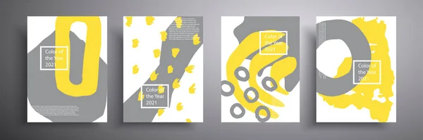 Moda rengi 2021 olan geometrik şekillerin soyut bileşimine sahip minimalist posterler. Gri ve sarı. Kapak tasarımı, poster, broşür için uygulanabilir güzel bir arkaplan