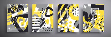 Soyut afiş, gri ve sarı renkli dört yaratıcı minimalist illüstrasyon seti. 2021 'in moda renkleri. Kartlar, kapaklar, davetler için vektör arkaplanı