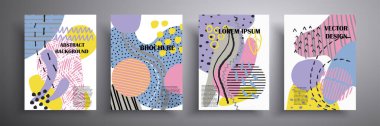 Çizgiler, noktalar ve karalamalarla dokulu modaya uygun renklerde sıvı renkli kapaklar. Renkli şekiller kompozisyon minimum tasarım. Vektör çizimi. Kapaklar, kuponlar, posterler için uygulanabilir