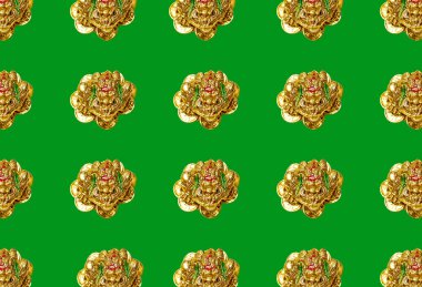 Yeşil arka planda para kurbağası ya da para kurbağası figürlü bir model. Zenginliğin sembolü, Feng Shui. Yazdırma, şablon.