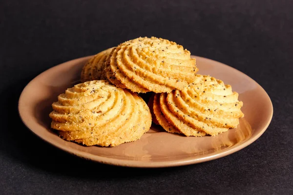 Fresh Shortbread Cookies Poppy Seeds Saucer Black Background Night Snack — Stock Photo, Image