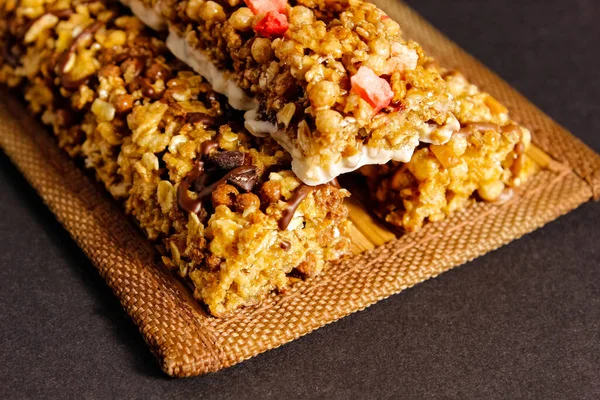 Three Granola Bars Black Background Proper Nutrition Selective Shot — Stock Photo, Image