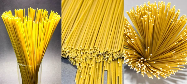 Collage Épicerie Spaghettis Crus Cuits Gros Plan — Photo