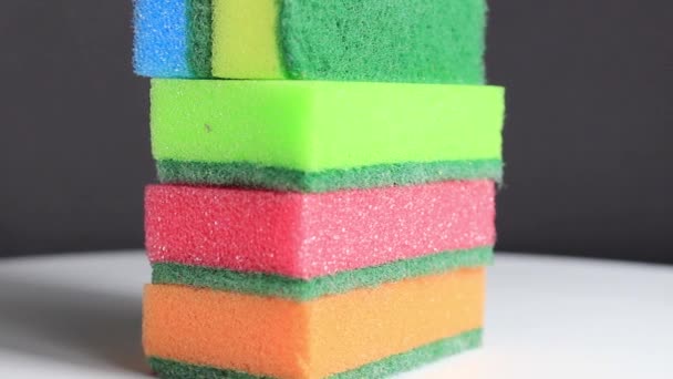 Several Household Sponges Different Colors Close Selective Focus — Stock Video