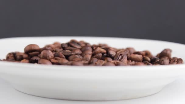 Ψητό Κόκκους Καφέ Ένα Λευκό Πιάτο Γκρο Πλαν Επιλεκτική Βολή — Αρχείο Βίντεο