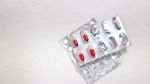 Woman Hand Puts Blisters Pills Vitamins Table View Top — Stock Video