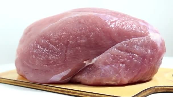 Raw Pork Tenderloin Chopping Board Close Selective Focus — Stock Video