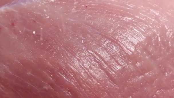 Schweinefilet Nahaufnahme Das Mit Salz Bestreut Wird Selektiver Schuss — Stockvideo