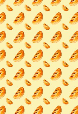 Sarı arka planda puf böreği olan dikey desen. Hamur işi geçmişi. Kalıplar, izler.