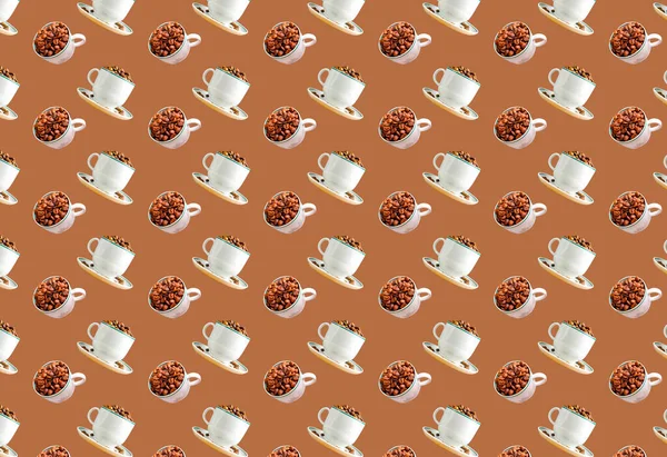 Horizontal coffee Pattern. A cup with a saucer filled with coffee beans. Templates, prints.