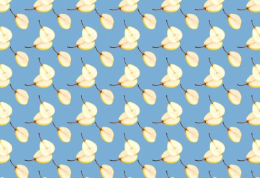 Mavi arka planda, taze armut dilimleriyle ikiye bölünmüş bir kalıp. Meyve şablonu. Yazdırma, şablon.