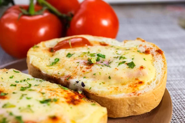 Two Delicious Sandwiches Melted Cheese Herbs Saucer Quick Snack Selective Stockfoto