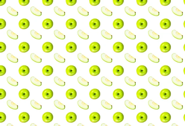 Vzor Celého Zeleného Jablka Kousek Jablka Bílém Pozadí Otisky Šablony — Stock fotografie