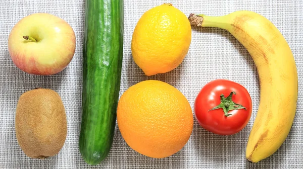 Vários Vegetais Inteiros Frutas Superfície Mesa Vista Superior — Fotografia de Stock