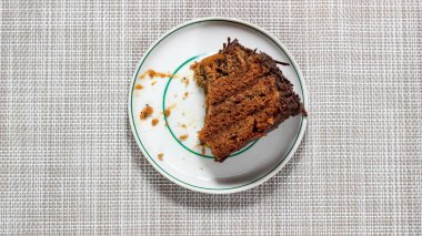 Bir fincan tabağında yarısı yenmiş çikolatalı kek. Üst görünüm.