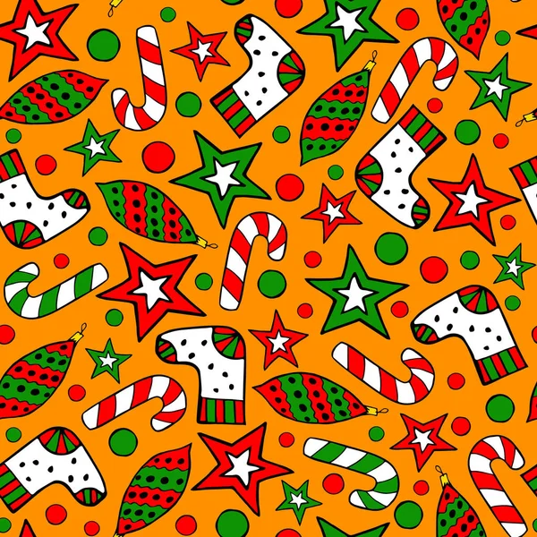 Winter Holiday Seamless Christmas Doodles Pattern Orange Hand Drawn Patterns — Vettoriale Stock