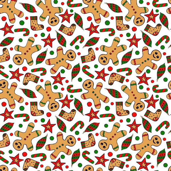 Seamless Christmas Pattern Christmas Paraphernalia Gingerbread Man Christmas Tree Decorations — ストックベクタ