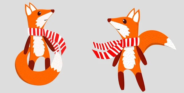 Dvě Postavy Kreslených Roztomilých Lišek Červenobílém Pruhovaném Šátku Pro Zimní — Stockový vektor