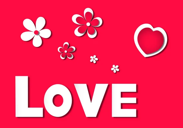 Kärlek Röd Bakgrund Illustration Med Text Blommor Och Hjärta Papperssnitt — Stockfoto