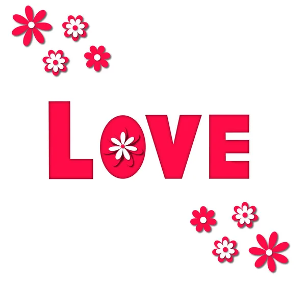Kärlek Röd Bakgrund Illustration Med Text Blommor Och Hjärta Papperssnitt — Stockfoto