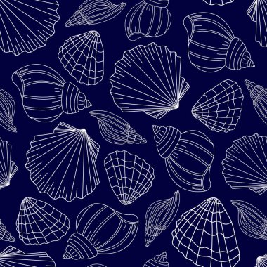 Kusursuz el yapımı deniz kabuğu, istiridye, deniz kabuğu. Koyu mavi arkaplanda deniz beyaz çizgisi çizimi