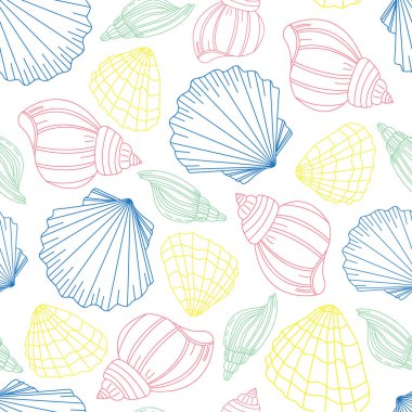 Kusursuz el yapımı deniz kabuğu, istiridye, deniz kabuğu. Çok renkli kabukların deniz çizgisi çizimi