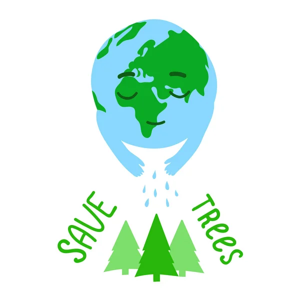Árvores Rega Terra Letras Salvar Árvores Rótulo Ícone Para Dia — Vetor de Stock