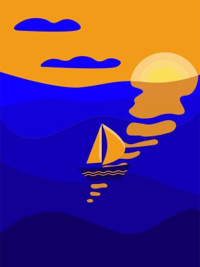 Mavi ve turuncu renkli deniz piyadesi çizimi. Açık denizde yelkenli, günbatımı gökyüzü. Poster, kartpostal, tişört, telefon kılıfı, not defteri tasarımı