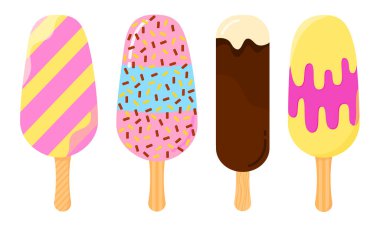 Dondurma koleksiyonu - dondurma, meyve ve çikolata, jöleli ve serpiştirilmiş, eskimo. Düz vektör illüstrasyonu