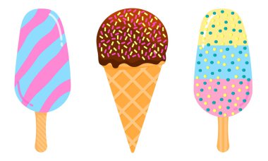Üç tane dondurma seti. Meyveli, çikolatalı, şekerli dondurma. Vektör düz resimleme