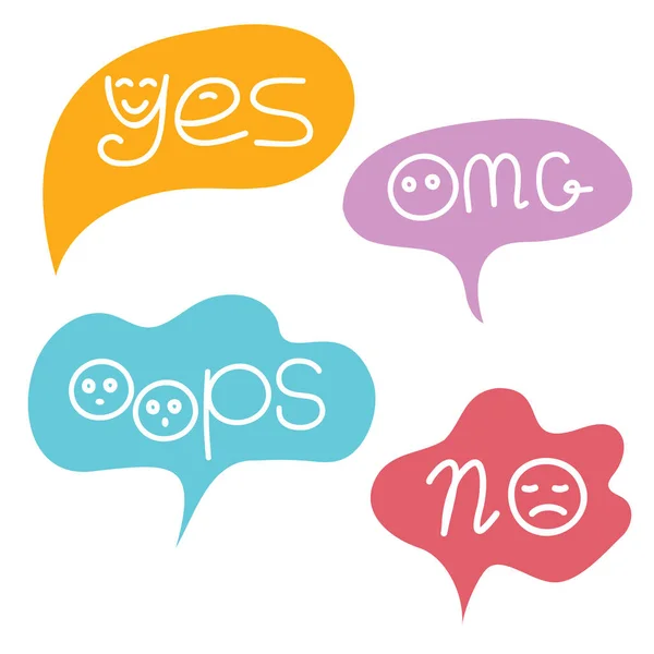 Yes Omg Oops Cartoon Speech Bubbles Thinking Speaking Clouds Text — Stock Vector