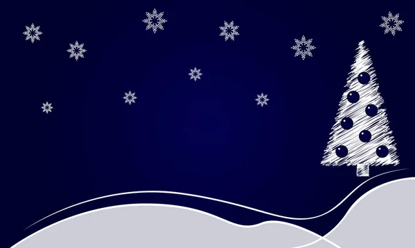 Choinka w niebieskie kulki, z dryfami śniegu i płatków śniegu. Karta powitalna w stylu minimalistycznym z niebieskim tłem gradientowym — Wektor stockowy