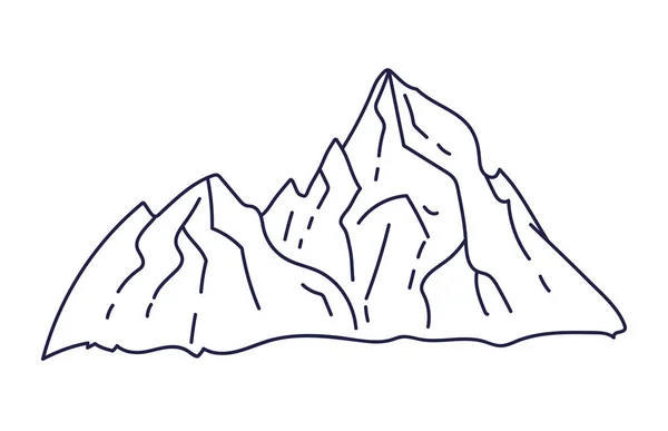 Descreva montanhas, colinas. Ícone. Natureza, aventura, alpinismo, turismo — Vetor de Stock