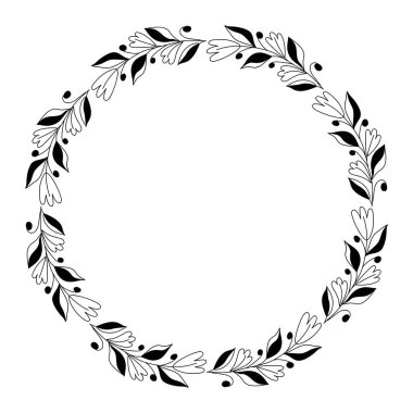 Yaprak ve çiçeklerle çizilmiş çelenk, yuvarlak çerçeve vektör klipsi