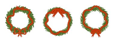 Noel çelenkleri hazır. Çam dalları ve kırmızı kurdele ve fiyonklarla süslenmiş. Tatil kartları, posterler ve davetiyeler için basit bir festival illüstrasyonu. Vektör illüstrasyonu