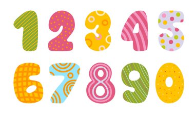 Çocuklar için sevimli numaralar. Noktalar, çizgiler, daireler, çizgiler, kareli noktalar şeklinde renkli sayıların toplanması. Selamlama ve eğitici bir sunum. Vektör illüstrasyonu