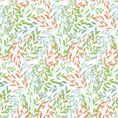 Çiçeksiz desen. Beyaz arkaplanda hassas pastel yapraklar var. Kumaş, tekstil, duvar kâğıdı. Vektör illüstrasyonu