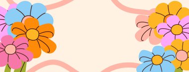 Sevimli çiçek balonu afişi. Yazmak için boş yeri olan çocuk partileri için arka plan. Eğlenceli çocuklar için doğum günü kartı, davetiye, çocuk dekoru ya da kutlama posteri tasarlamak. Vektör illüstrasyonu