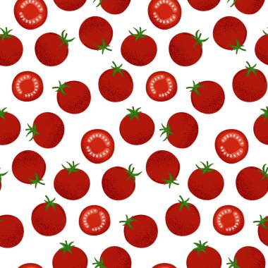 Elle çizilmiş taze ve canlı domates deseni. Yiyecek ambalajı, mutfak dekorasyonu, kumaş baskıları ve sağlıklı yaşam tarzı tasarımları için. Vektör illüstrasyonu