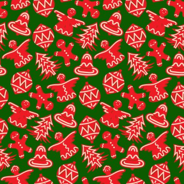 Zencefilli kek, kusursuz Noel deseni. Noel dekorasyonu, ambalajları, parmak izleri ve özgeçmişi için yeşil arka planda kırmızı kurabiyeler. Vektör illüstrasyonu