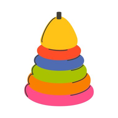 Renkli istifleme yüzüklü bebek piramit oyuncağı. Hareket becerilerini ve koordinasyonunu oyun yoluyla sağlayan klasik bir öğrenme oyuncağı. Erken eğitim için, çocuk tasarımı. Vektör illüstrasyonu