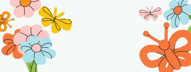 Şirin kelebekler ve çiçek balonu doğum günü afişi. Çocuk partisi için fotokopi alanı olan bir arka plan. Eğlenceli çocuklar için doğum günü kartı, davetiye, çocuk dekoru ya da kutlama posteri tasarlamak. Vektör illüstrasyonu