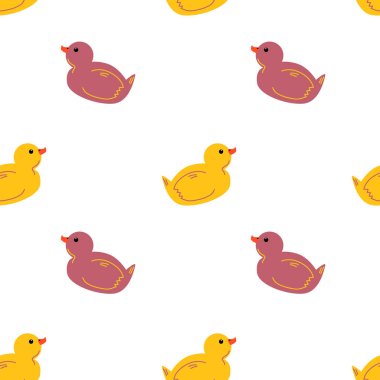 Şirin sarı ve mor plastik ördekleri olan kusursuz bir desen. Bebek dekorasyonu, bebek tekstili ve çocukların hediye paketi tasarımı için oyuncu bir banyo oyuncağı. Vektör illüstrasyonu