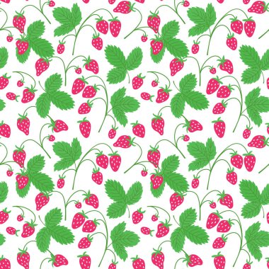Sulu kırmızı çilekler ve yeşil yapraklarla kusursuz bir yaz şablonu. Sade mutfak dekorasyonu, tekstil ve duvar kağıdı için ideal. Taze ve doğal bir arka plan. Vektör illüstrasyonu