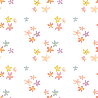Bebek tekstil ürünleri, bebek dekoru, ev kumaşı için güzel desenler. Tatlı kıyafetler ve kırtasiye malzemeleri için pastel renkli çiçekler. Kusursuz düz vektör arkaplanı.