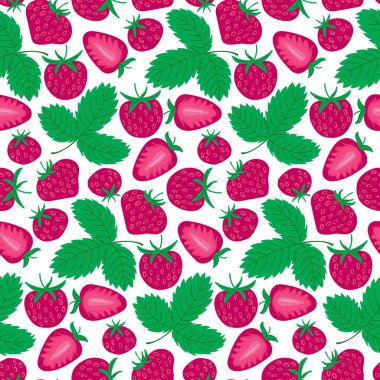 Taze yeşil yapraklı sulu kırmızı çilek deseni. Yaz tekstil ürünleri, duvar kağıdı ve organik ambalaj için ideal. Rahat eviniz için canlı, pürüzsüz bir arka plan. Vektör illüstrasyonu