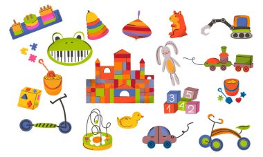 Düz stil seti olan sevimli çocuklar. Şatosu, treni ve arabası olan renkli bir vektör koleksiyonu. Çocuk odası tasarımı için eğlenceli eğitici oyun unsurları ve çocukların dekorları.