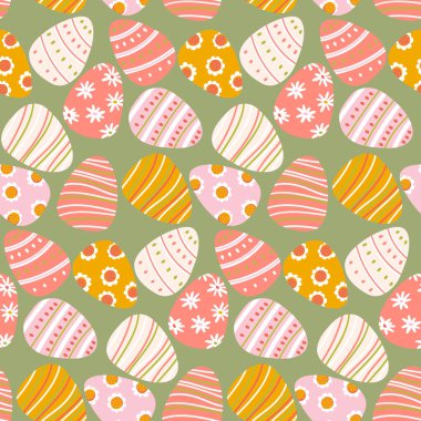 Yeşil renkte renksiz Paskalya yumurtası deseni. Tatil hediyesi ambalajı ve kumaşı için el yapımı şenlik dokusu. Bahar kutlama tasarımları için canlı sezonluk arka plan. Vektör illüstrasyonu